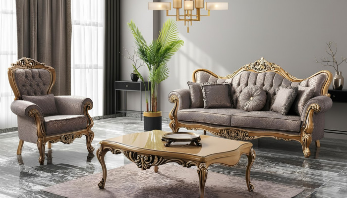 Chesterfield Sofagarnitur Dräisëtzer Sessell Stoff Dësch Grä Sofa