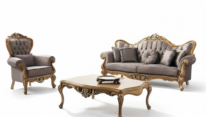 Chesterfield Sofagarnitur Dräisëtzer Sessell Stoff Dësch Grä Sofa