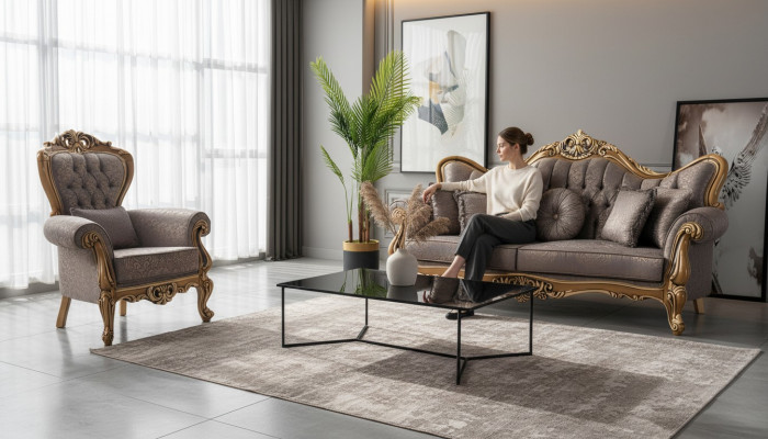 Polstersofa Chesterfield Garnitur Sofagarnitur Stoffssofa Grau Set Nei