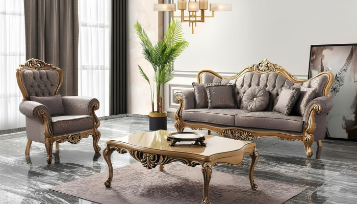 Polstersofa Chesterfield Garnitur Sofagarnitur Stoffssofa Grau Set Nei