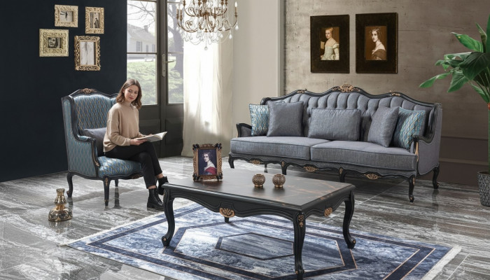 Chesterfield Sofaensemble Drësëtzer Fotell Stoff Couchtisch Blo Nei