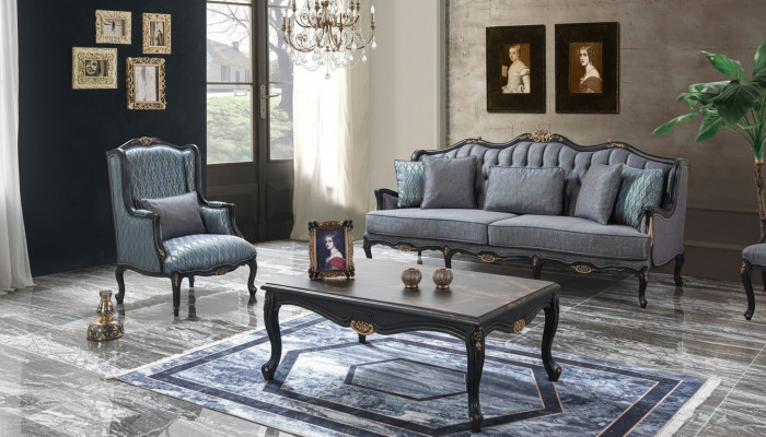 Chesterfield Sofaensemble Drësëtzer Fotell Stoff Couchtisch Blo Nei