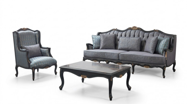 Chesterfield Sofaensemble Drësëtzer Fotell Stoff Couchtisch Blo Nei