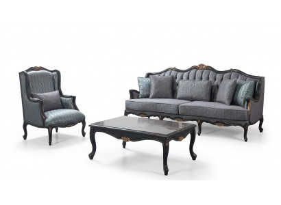 Chesterfield Sofaensemble Drësëtzer Fotell Stoff Couchtisch Blo Nei
