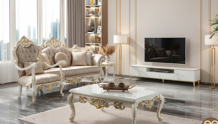 Couchegarnitur Garnitur Polstersofa Chesterfield Luxus Stoff Sofa Beige