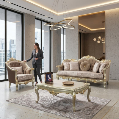 Stoffcouch Polstercouch Garnitur Sofagarnitur Beige Chesterfield Set