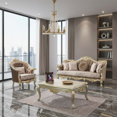 Stoffcouch Polstercouch Garnitur Sofagarnitur Beige Chesterfield Set