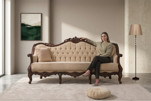 Dreisëtzer Sofa 3 Sëtz Stoffssofa Polstersofa Beige Stoff Chesterfield 235cm