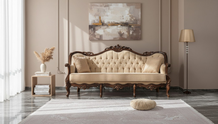Dreisëtzer Sofa 3 Sëtz Stoffssofa Polstersofa Beige Stoff Chesterfield 235cm