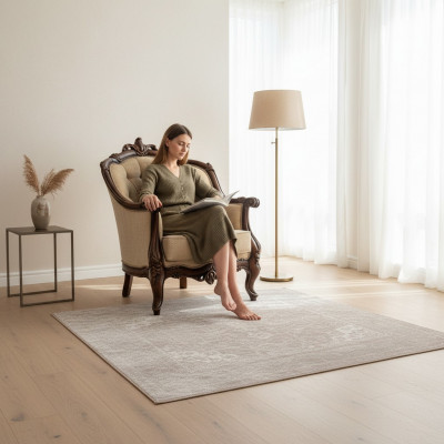 Fotell Ouerfotell Sëtz Stoff Beige Polyester Holz Wunnzëmmer Barock