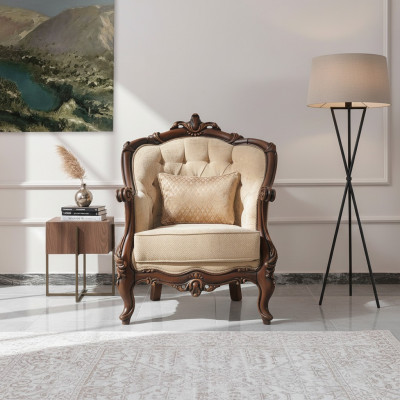 Fotell Ouerfotell Sëtz Stoff Beige Polyester Holz Wunnzëmmer Barock