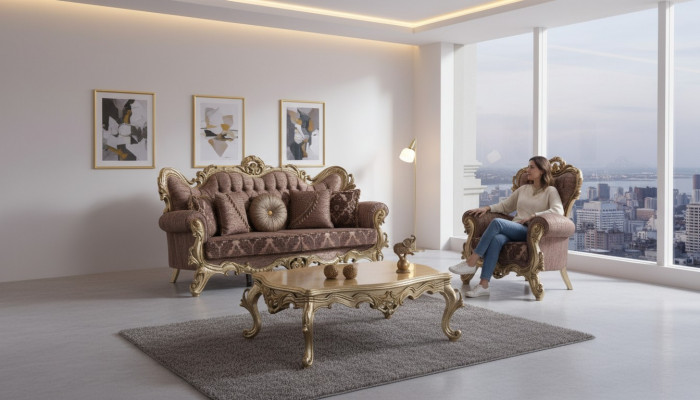 Chesterfield Kanapé Garnitur Polstersofa Sofa Canapé Lila Stoffsmaxime Set