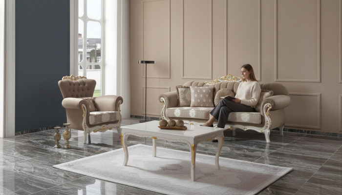 Sofagarnitur Polstersofa Sofa Canapé Braun Stoffsofa Chesterfield Set 3+1