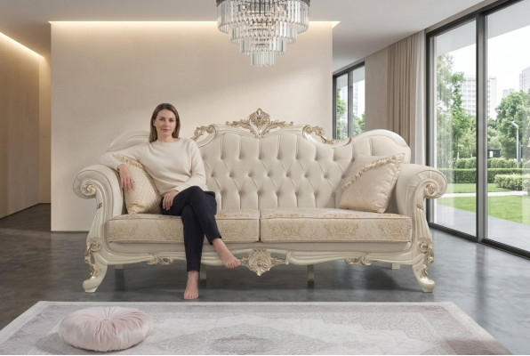 Dreschplazssofa 3 Sëtz Stoffssofa Polstersofa Beige Stoff Chesterfield