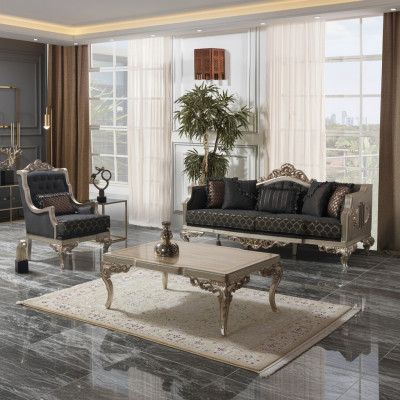 Wunnzëmmer Polstersëtzgrupp Polstersofa Sofa Chesterfield Set Gro Stoff