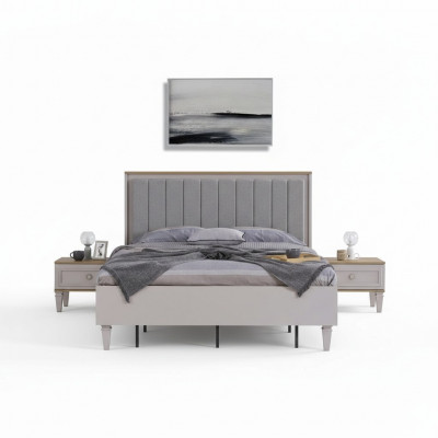 Set mat Duebelbett, Schlofzëmmer, Bett, Nuetsdëscher, Grau, Holz, 3-Deel Set.