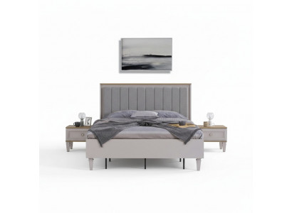 Set mat Duebelbett, Schlofzëmmer, Bett, Nuetsdëscher, Grau, Holz, 3-Deel Set.