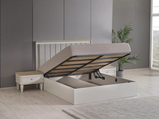 Modern Schlofzëmmer Set Duebelbett Bett Nuetsdëscher Gri wed Holz Set 5 Deeler