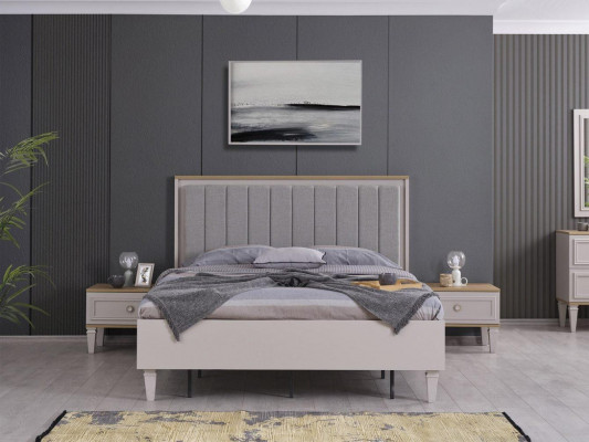 Modern Schlofzëmmer Set Duebelbett Bett Nuetsdëscher Gri wed Holz Set 5 Deeler