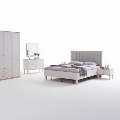 Modern Schlofzëmmer Set Duebelbett Bett Nuetsdëscher Gri wed Holz Set 5 Deeler