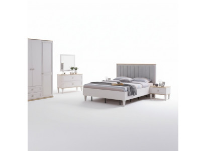 Modern Schlofzëmmer Set Duebelbett Bett Nuetsdëscher Gri wed Holz Set 5 Deeler