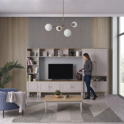 Fernsehwand Wunnzëmmertwand TV-Stänner Holz RTV Lowboard Gro Regal Set