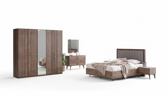 Komplett Schlofzëmmermiwwel Duebelbett Holz 6-Stéck Schlofzëmmer Brong