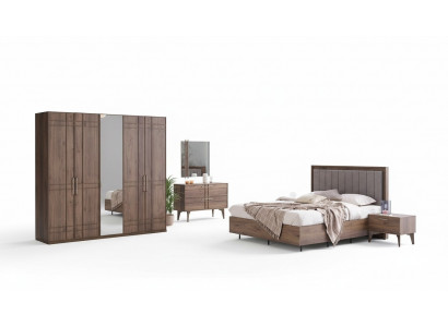 Komplett Schlofzëmmermiwwel Duebelbett Holz 6-Stéck Schlofzëmmer Brong