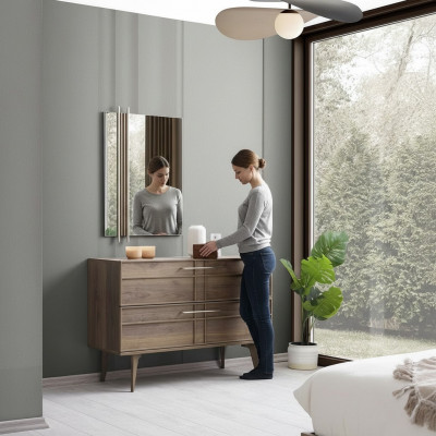 Kommode mat Spigel Schlofzëmmer Konsol Holz Brong Set 2tlg Modern