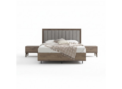 Schlofkummer Garnitur Duebelbett Bett Nuetsdëscher Brong Holz Set 3 Deeler