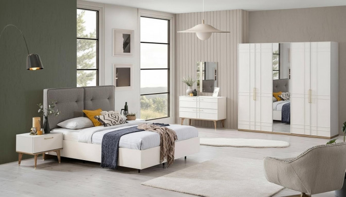 Grupp duebelt Bett Komplett Bett Schlofkummermiwwelen Holz 6 Deeler Set Wäiss