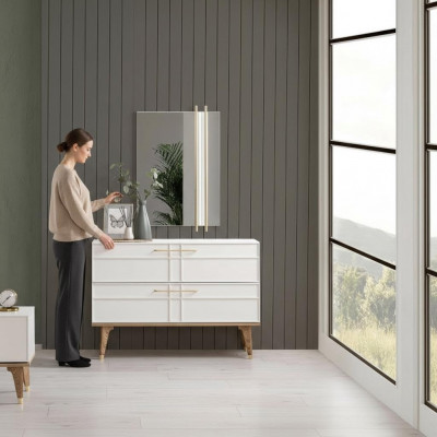 Kommode mat Spigel Schlofkummer Konsole Holz Wäiss Set 2 Deeler Modern