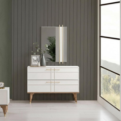 Kommode mat Spigel Schlofkummer Konsole Holz Wäiss Set 2 Deeler Modern