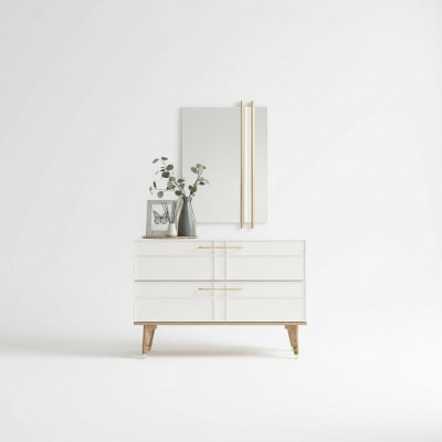 Kommode mat Spigel Schlofkummer Konsole Holz Wäiss Set 2 Deeler Modern