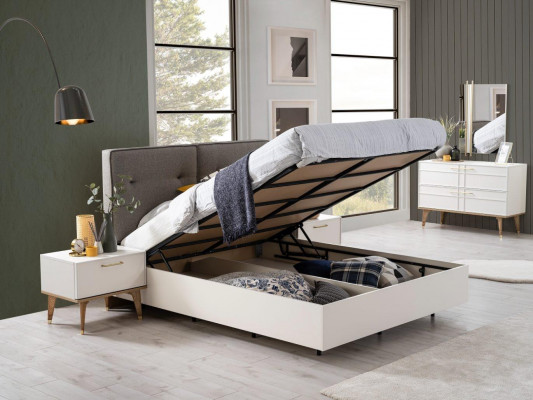 Schlofkummer Garnitur Duebelbett Komplettbett Wäiss Stoff 3tlg Modern