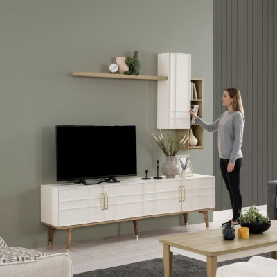 Televisiounsstell Rack Schaf RTV Lowboard Wunnzëmmer Regaler Wäiss Holz