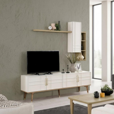 Televisiounsstell Rack Schaf RTV Lowboard Wunnzëmmer Regaler Wäiss Holz