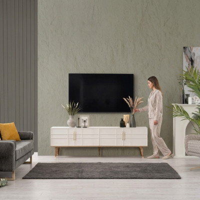 Niddreg Schaf TV-Ständer Säitebriet Modern Schaf RTV Wunnzëmmer Wäiss Holz
