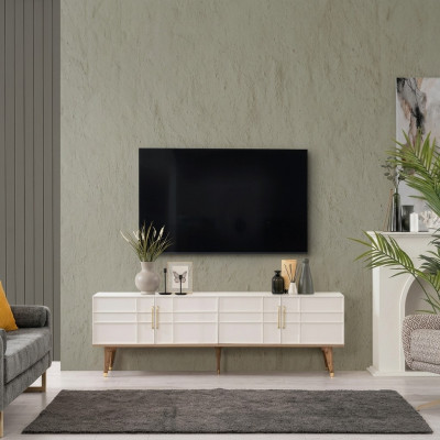 Niddreg Schaf TV-Ständer Säitebriet Modern Schaf RTV Wunnzëmmer Wäiss Holz