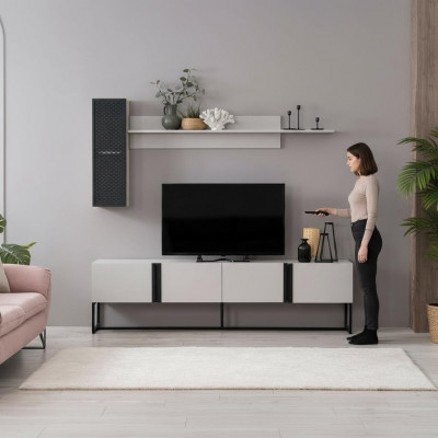 Garnitur TV Ständer Schaf RTV Lowboard Wunnzëmmer Regaler Wäiss Holz