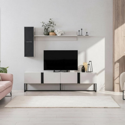 Garnitur TV Ständer Schaf RTV Lowboard Wunnzëmmer Regaler Wäiss Holz
