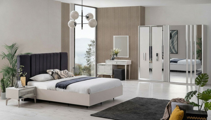 Grouss Schlofkummer Garnitur Duebelbett Bett Holz Set 7 Deeler Wäiss Modern.