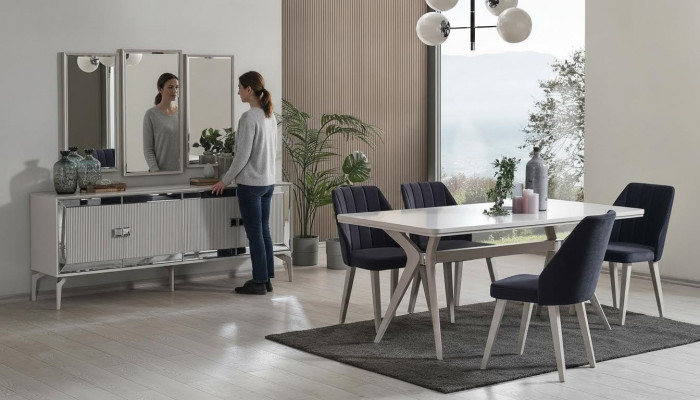 Iesszëmmer Luxus Iessgrupp Garnitur Iessdësch Set 9-deelegen Gro Holz Dësch