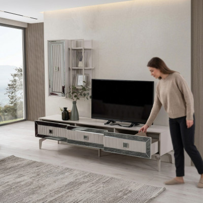 Niddreg Schief Steewenner Fernsehkabinet Schaf RTV Wunnzëmmer Wäiss Holz Regaler