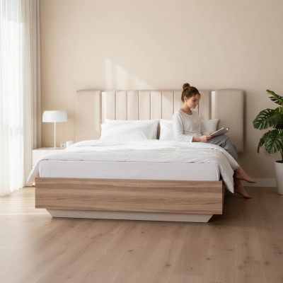 Bettgestell Bett Duebelbett mat Bettkëscht Beige Stoff Luxus Modern