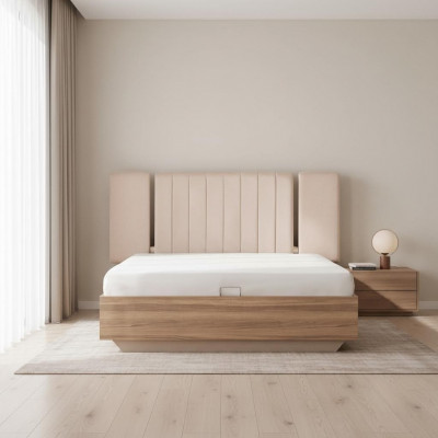 Bettgestell Bett Duebelbett mat Bettkëscht Beige Stoff Luxus Modern
