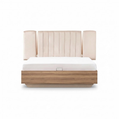 Bettgestell Bett Duebelbett mat Bettkëscht Beige Stoff Luxus Modern