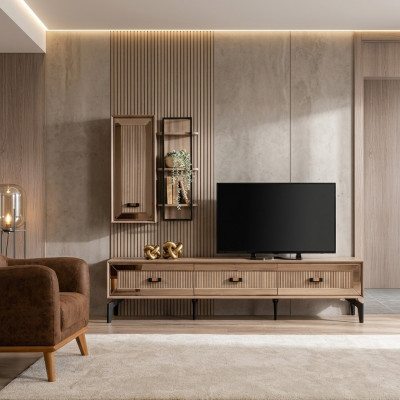 Garnitur TV-Stänner Schaf RTV Lowboard Wunnzëmmer Regaler Gold Holz