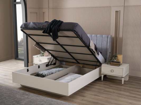 Garnitur Duebelbett Bettrahmen Stoff Schlofkummer Wäiss Holz Set 7 Stécker