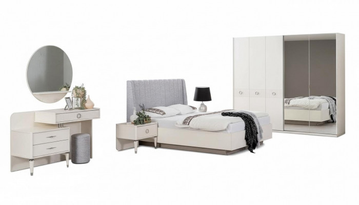 Garnitur Duebelbett Bettrahmen Stoff Schlofkummer Wäiss Holz Set 7 Stécker